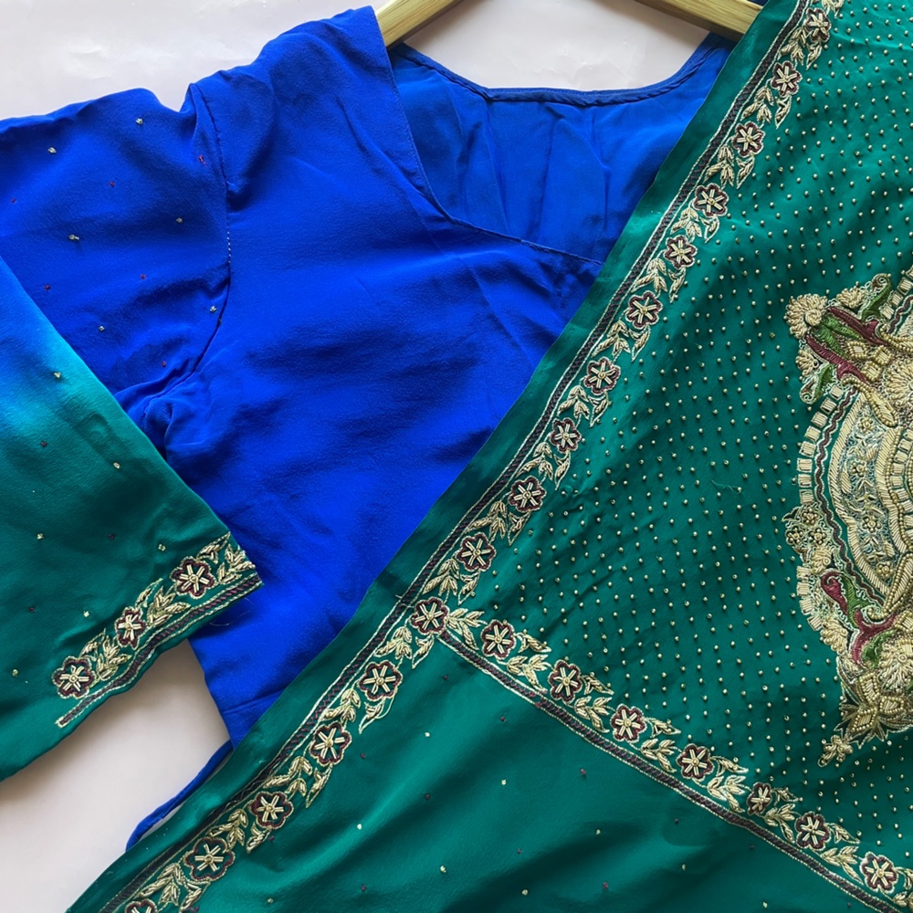 Designer Sona Chaandi sari saree turquoise gold work engagement wedding ombré